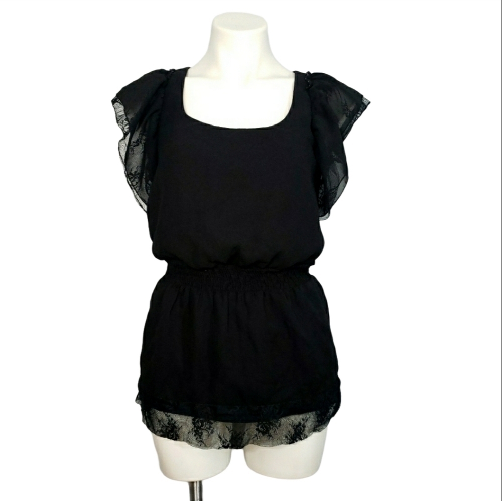 Nicolette Lace Fit & Flare Cinched Black Blouse
